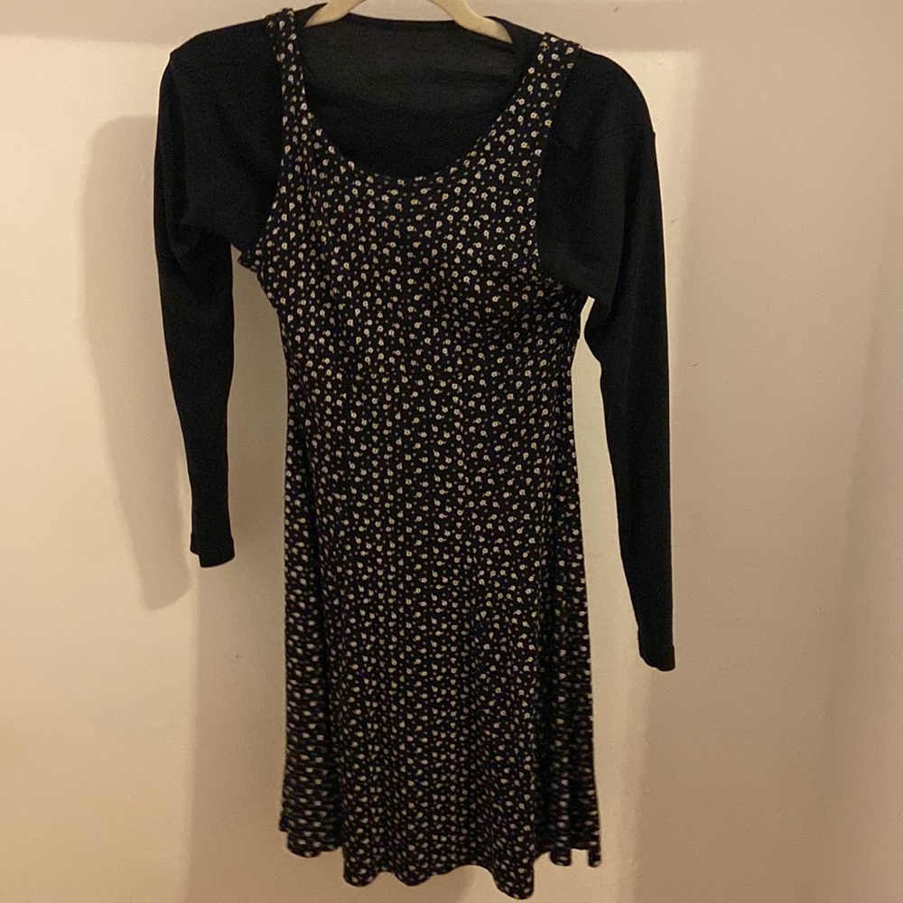 Flowered Black Overall Dress